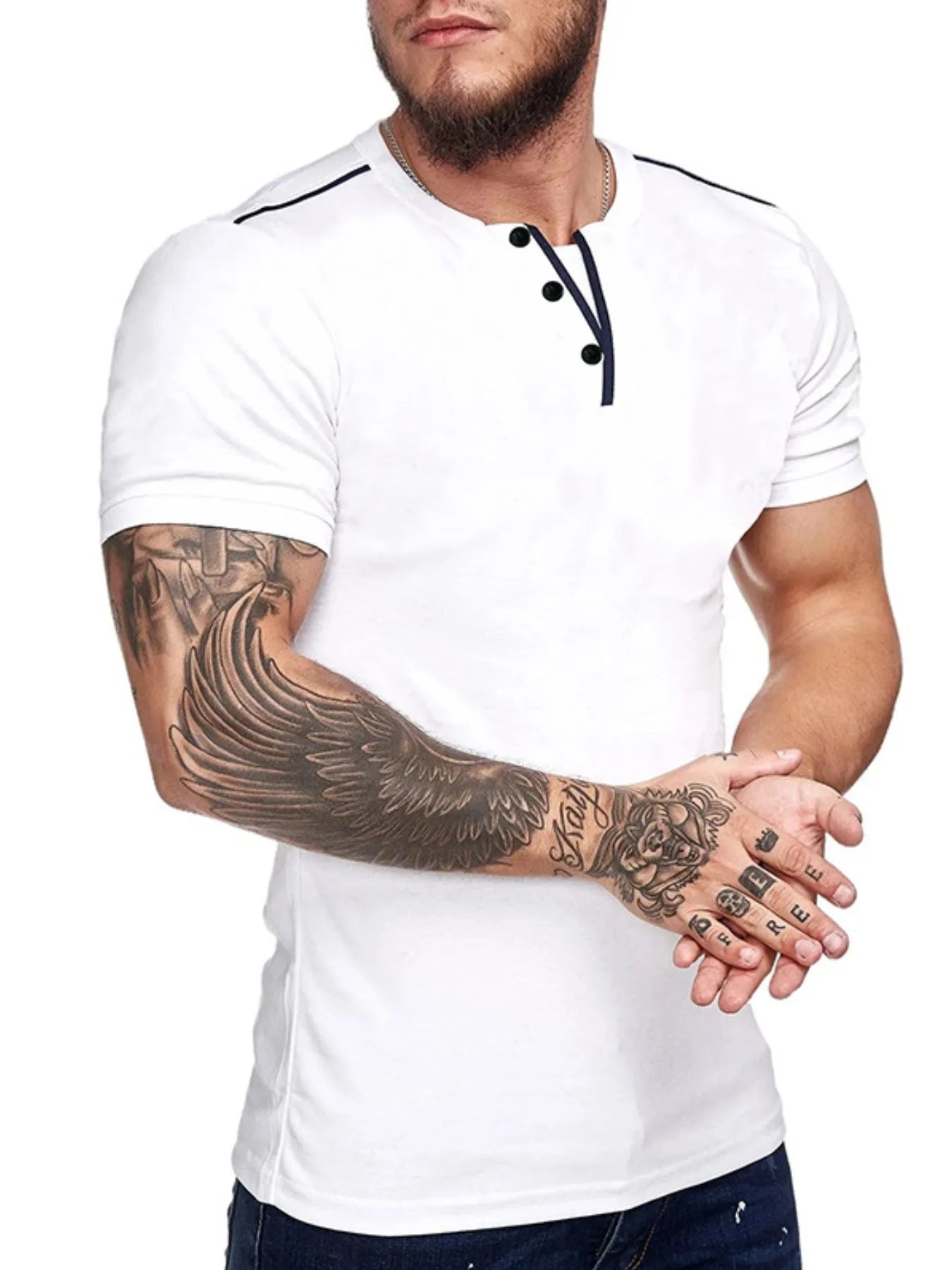 Men's Casual Henley Short Sleeve T-Shirt with Contrast Trim NicholesGifts