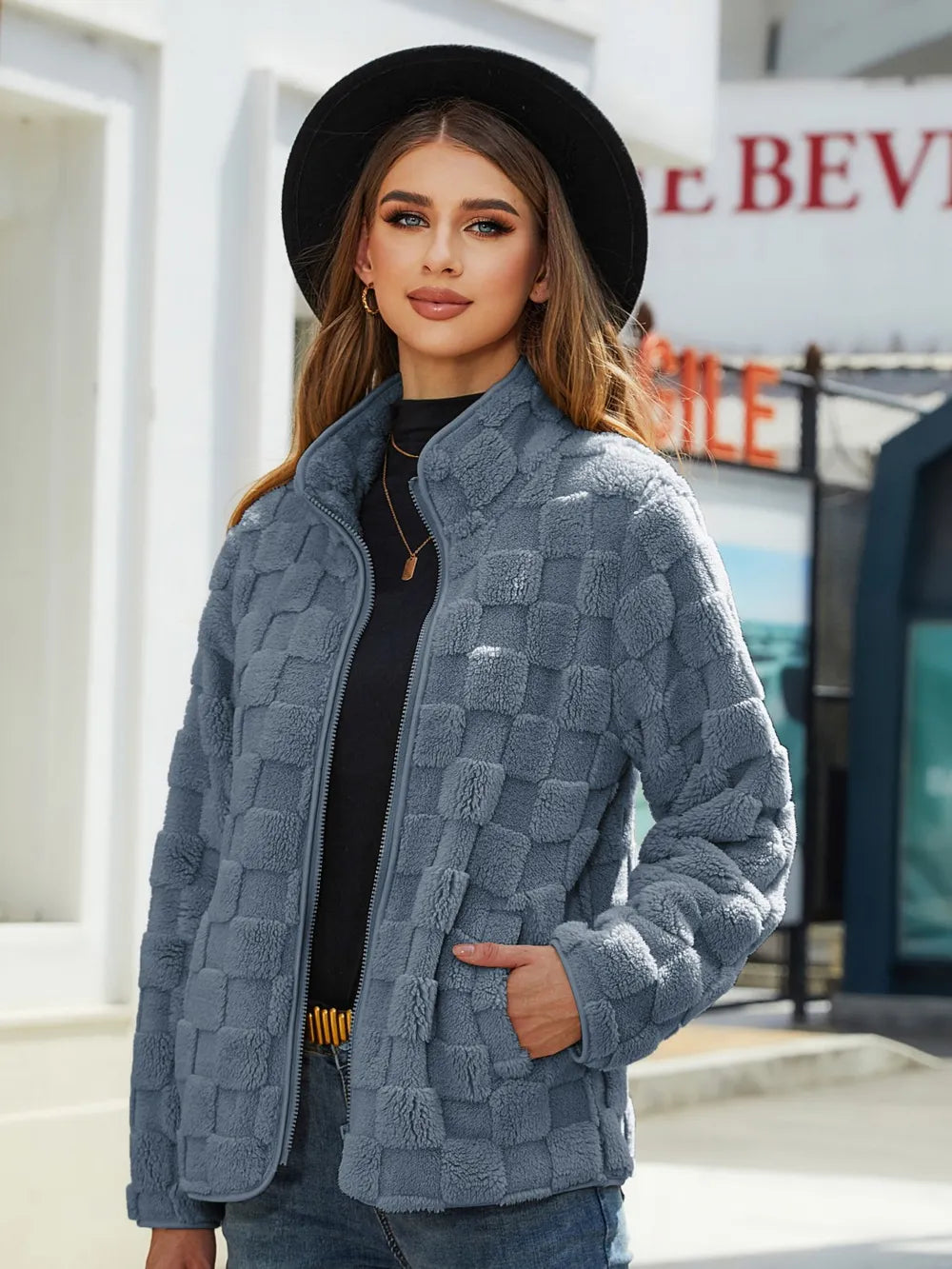 Fuzzy Checkered Zip Up Jacket nicholesgifts