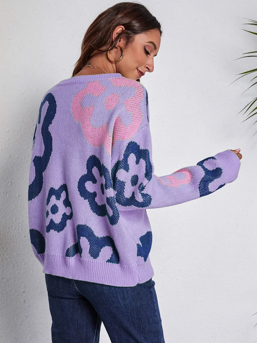 Flower Pattern Round Neck Long Sleeve Sweater Trendsi