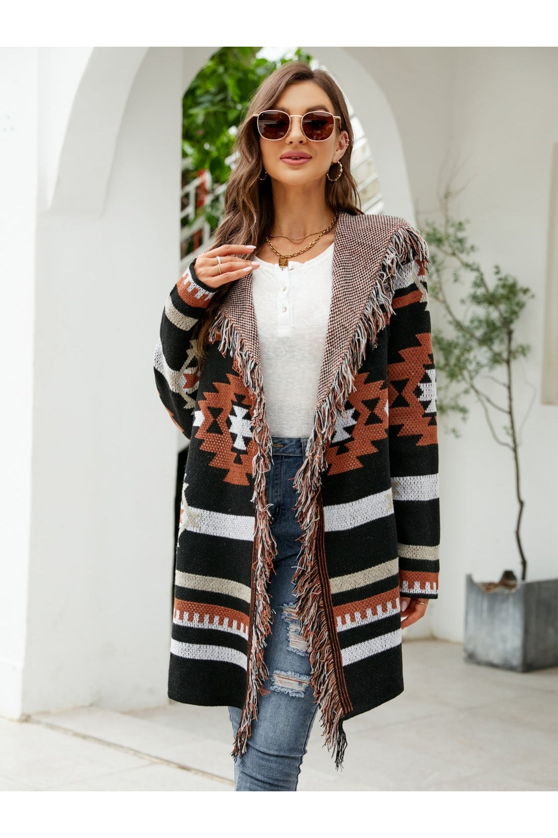 Fringe Geometric Hooded Long Sleeve Cardigan nicholesgifts