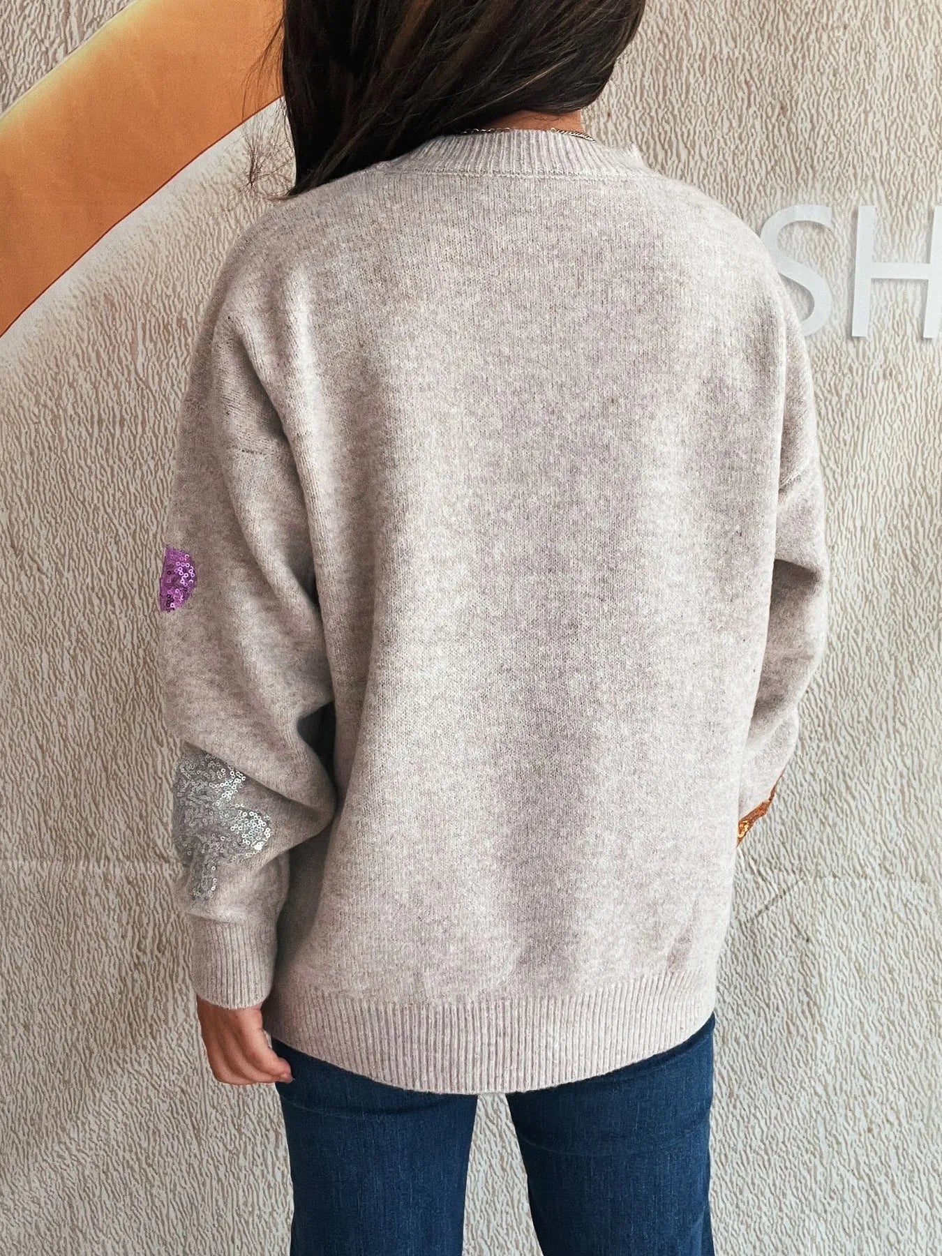 Sequin Flower Round Neck Long Sleeve Sweater nicholesgifts
