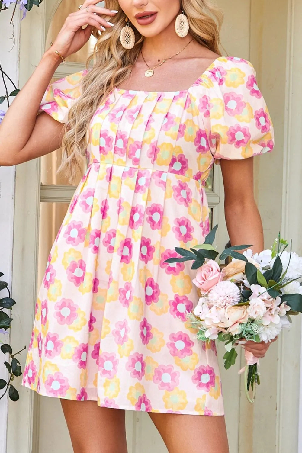 Floral Square Neck Puff Sleeve Pleated Flared Midi Dress Trendsi