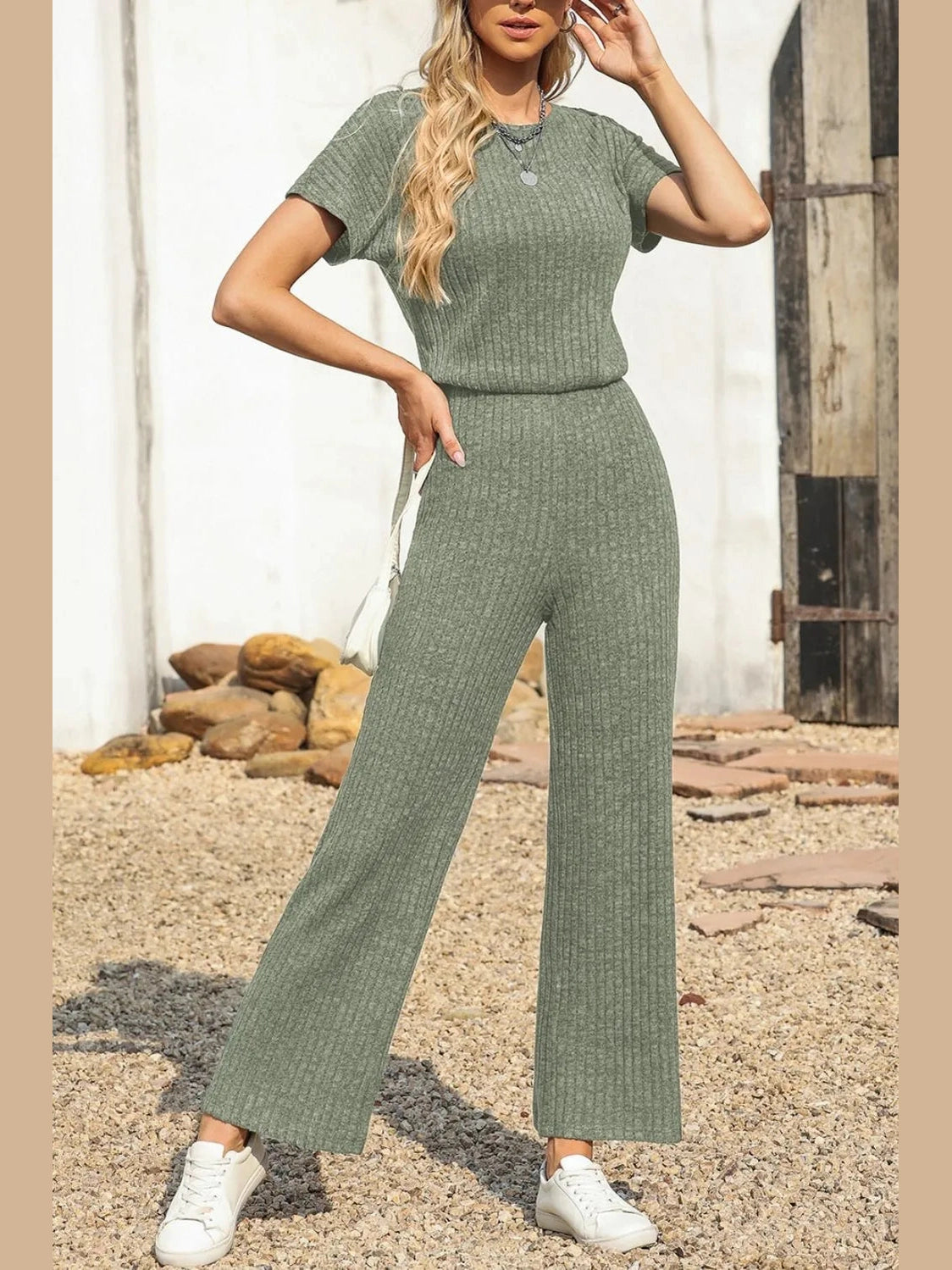 Ribbed Short Sleeve Wide Leg Jumpsuit nicholesgifts