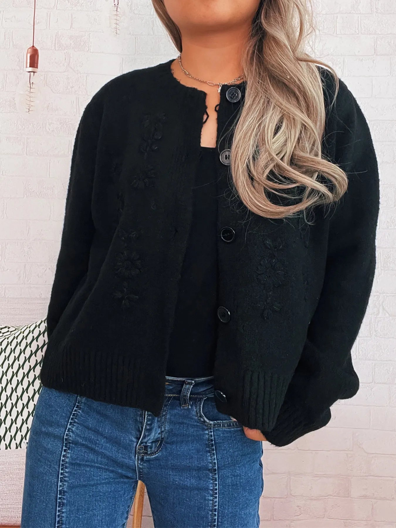 Flower Button Up Ribbed Hem Cardigan