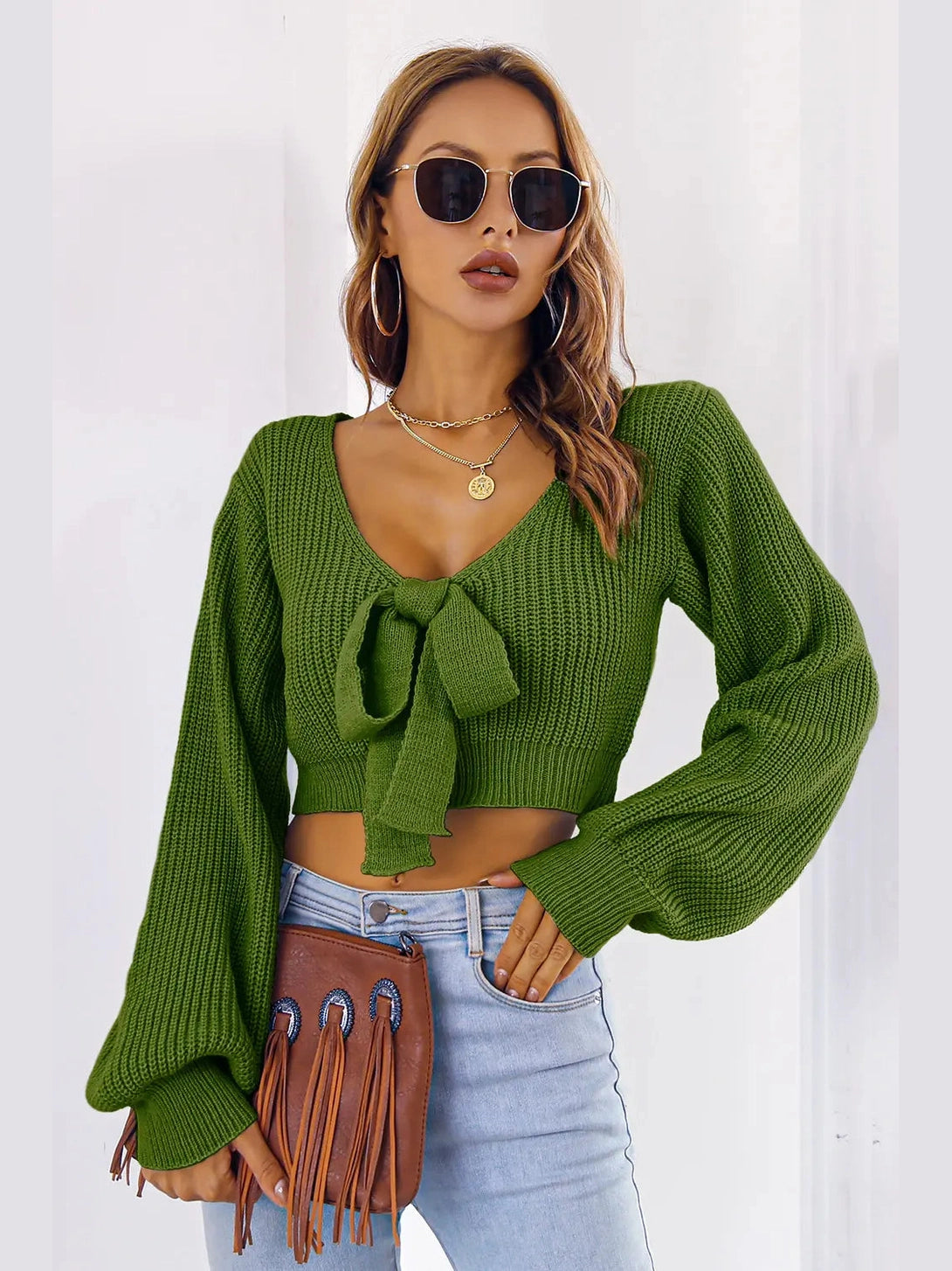 Bow V-Neck Long Sleeve Cropped Sweater nicholesgifts