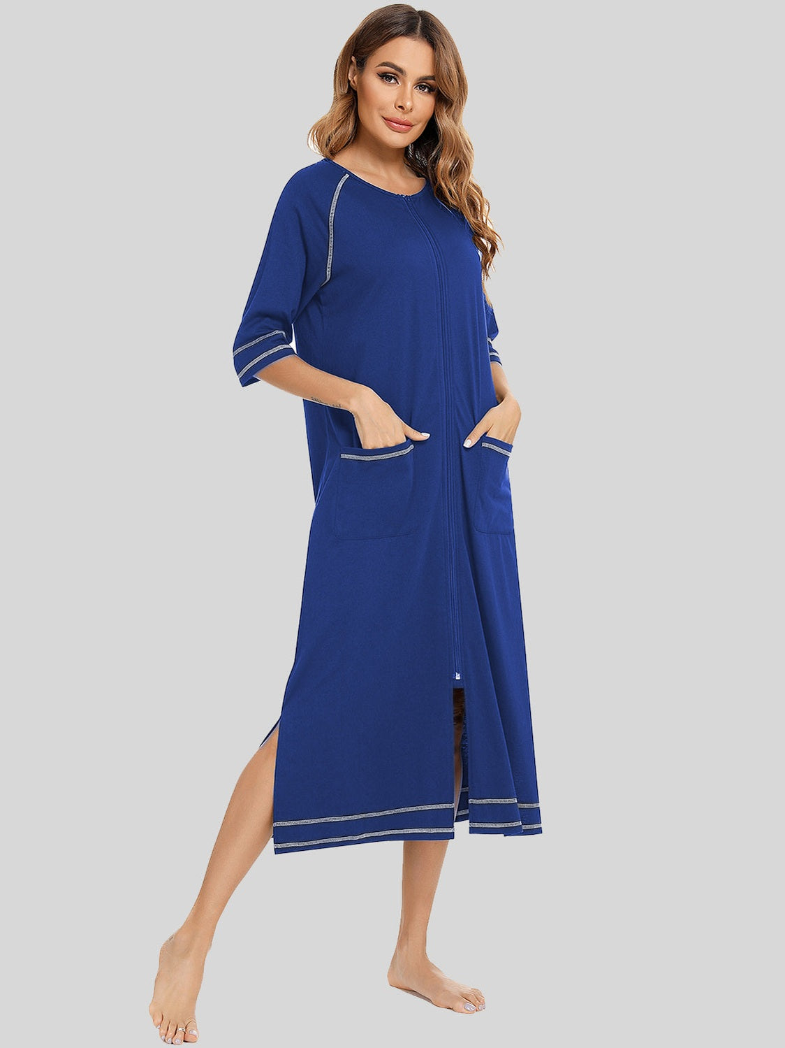 Zip Up Slit Round Neck Night Dress with Pockets nicholesgifts