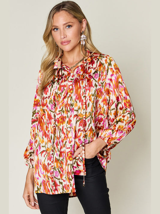 Women Double Take Full Size Printed Button Up Long Sleeve Shirt