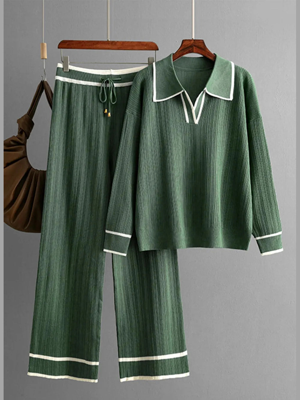 Contrast Trim Johnny Collar Top and Drawstring Pants Sweater Set nicholesgifts