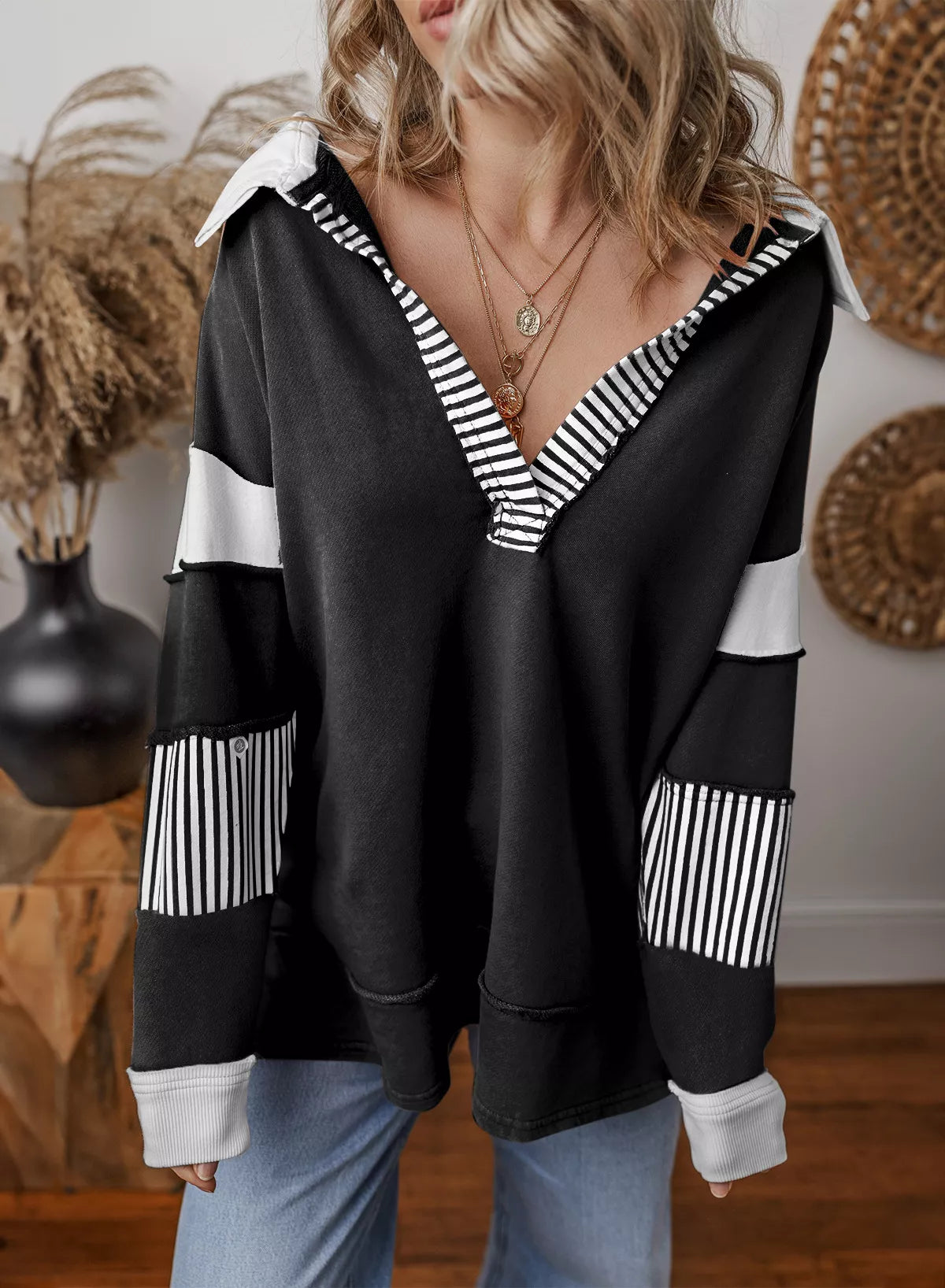 Color Block Striped Johnny Collar Sweatshirt nicholesgifts