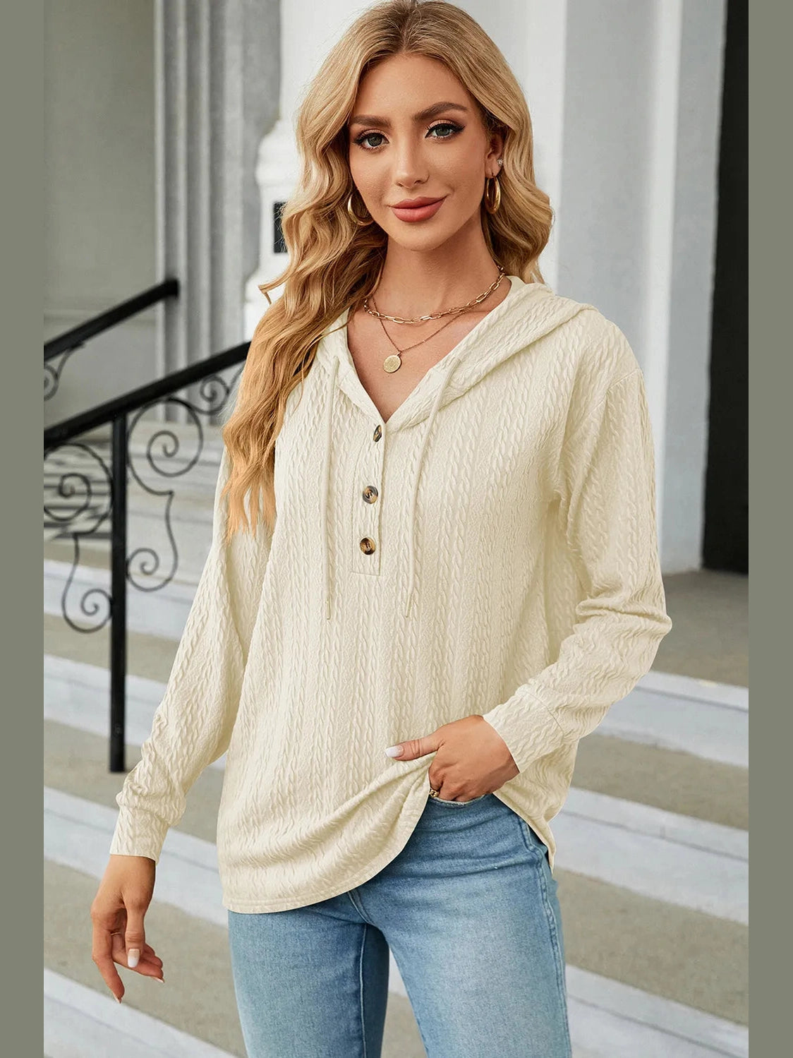 Drawstring Half Button Long Sleeve Hoodie nicholesgifts