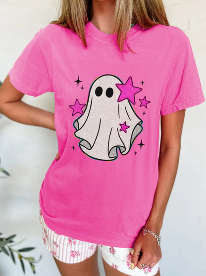Women Ghost Graphic Halloween Round Neck T Shirt nicholesgifts