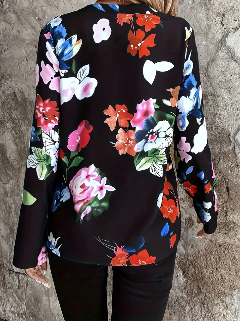 Printed Notched Long Sleeve Blouse NicholesGifts