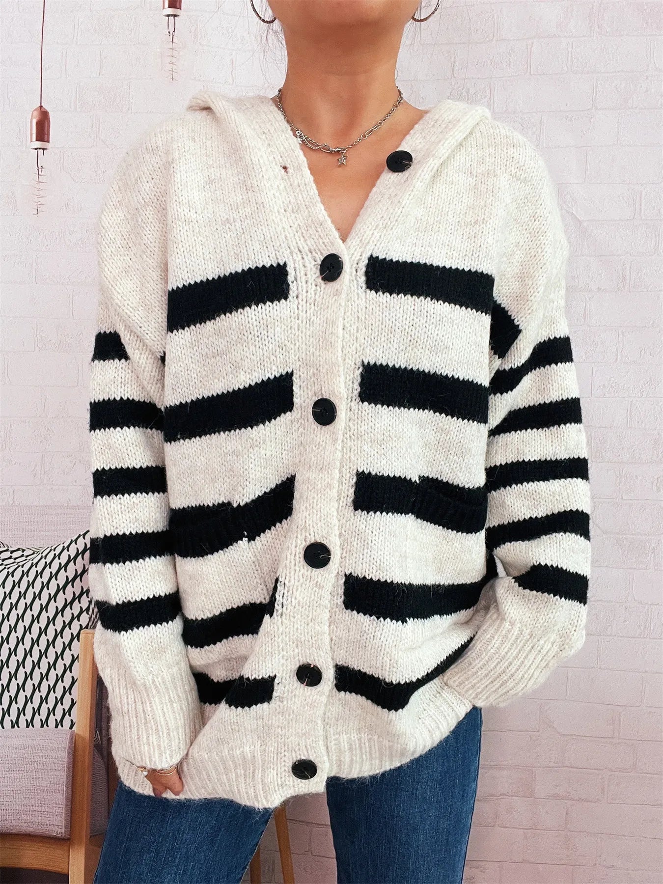Striped Button-Up Hooded Cardigan