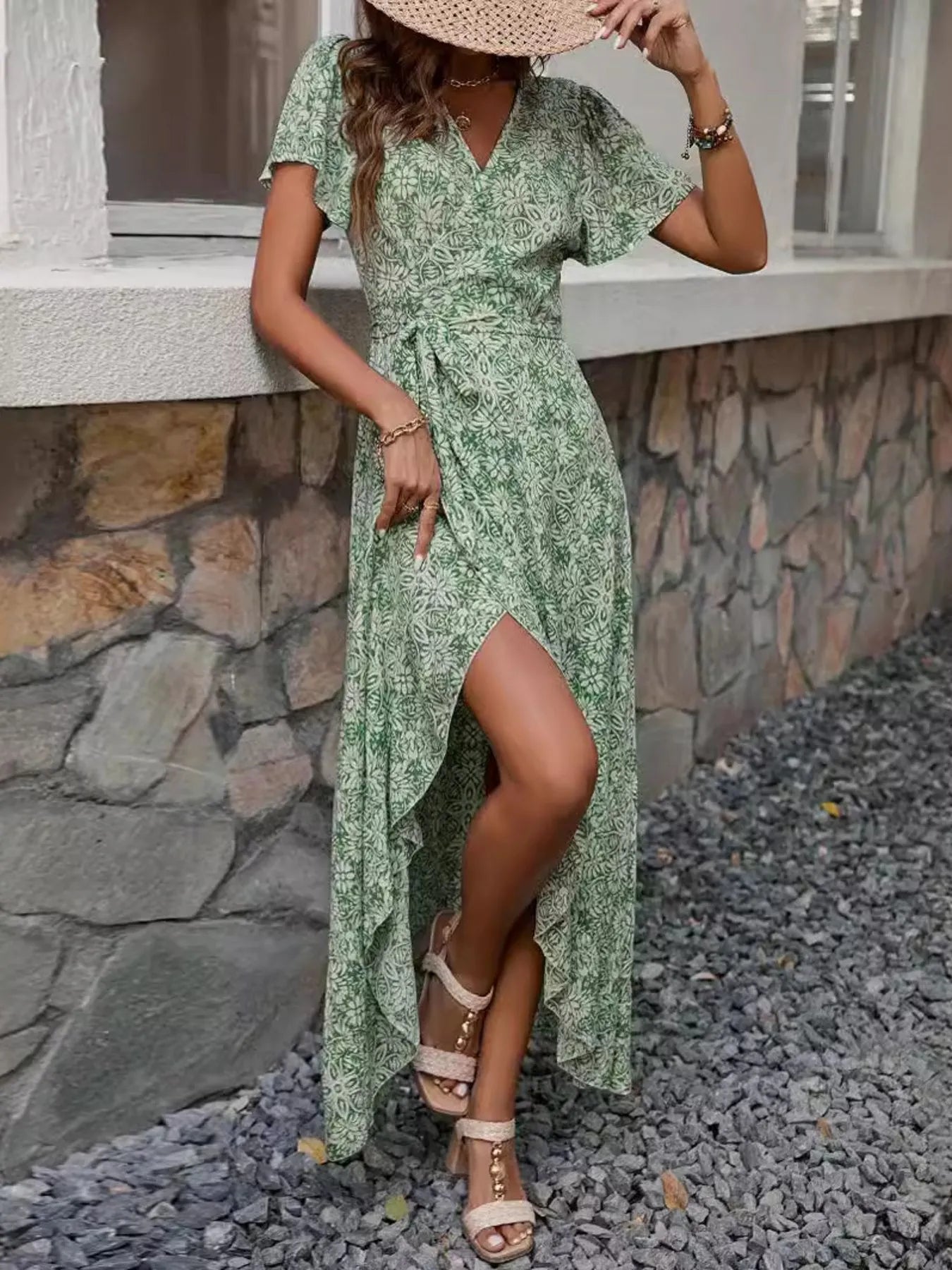 Printed Surplice Maxi Dress with Flutter Sleeves NicholesGifts