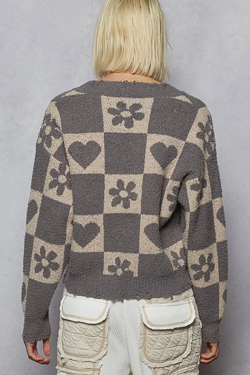 POL V-Neck Heart Pattern Checkered Sweater NicholesGifts