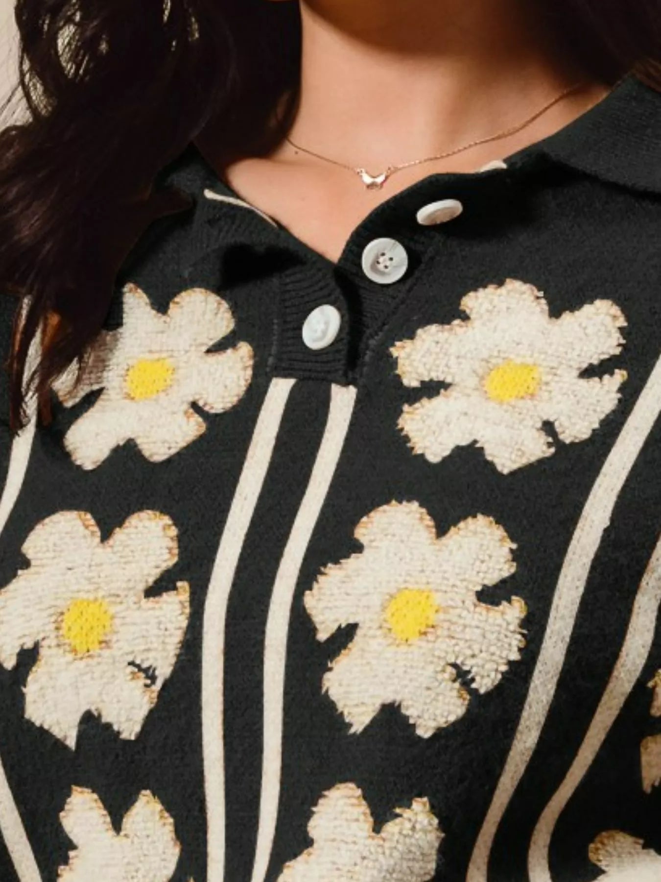 SO ME Floral Stripe Polo Collar Sweater Trendsi