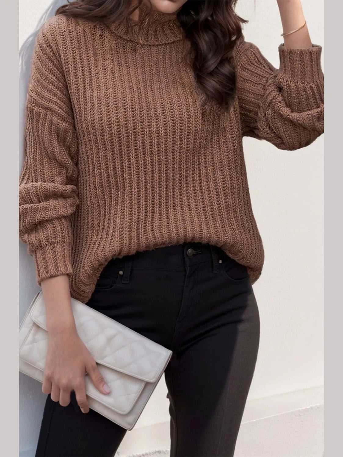 Turtleneck Dropped Shoulder Pullover Sweater nicholesgifts