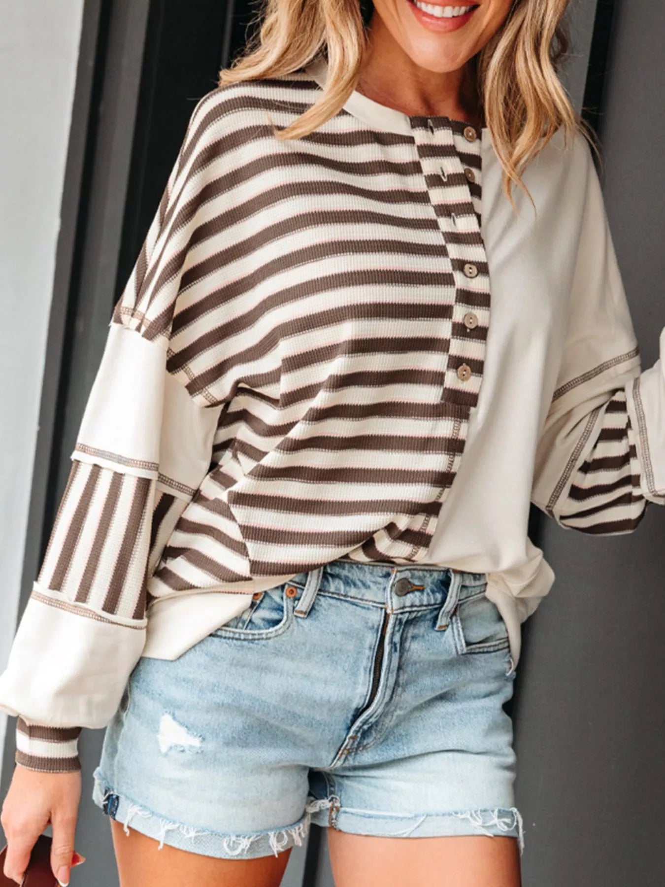 Stripe Stitched Detail Color Block Patchwork Oversized Top Trendsi
