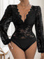 Women Perfee Lace Plunge Long Sleeve Bodysuit nicholesgifts