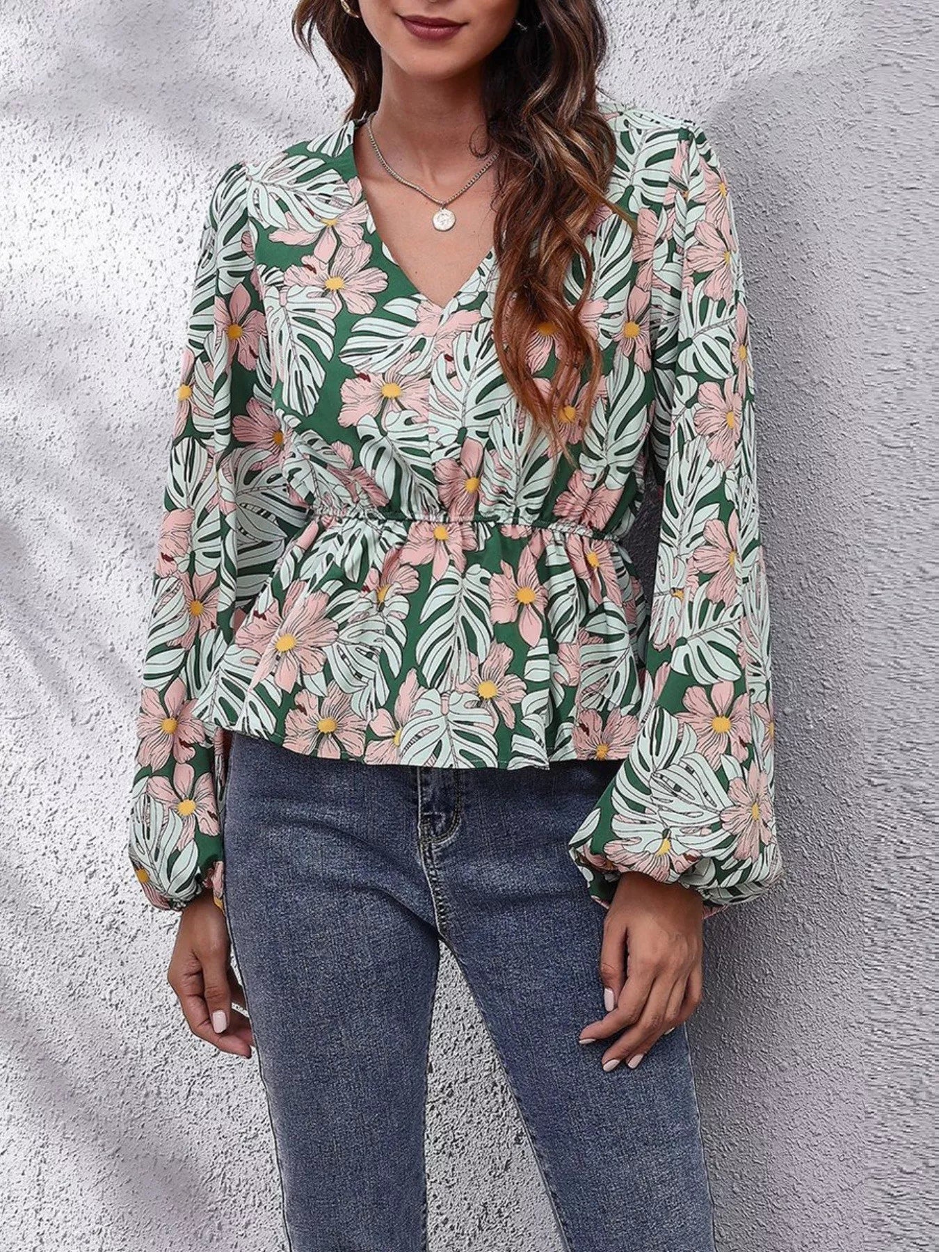 Floral V-Neck Balloon Sleeve Blouse