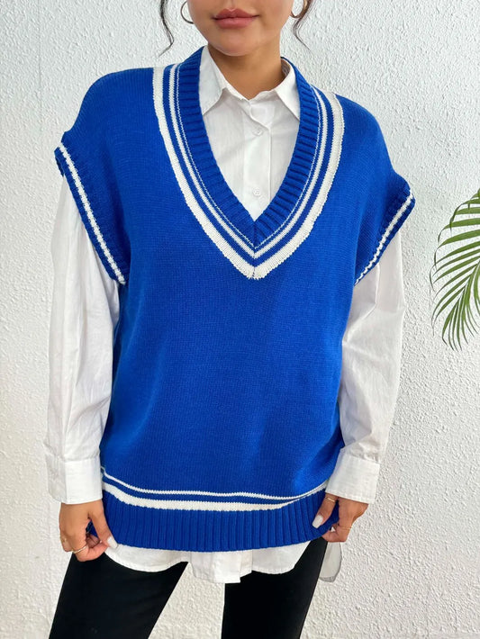 Contrast Trim V-Neck Sweater Vest nicholesgifts