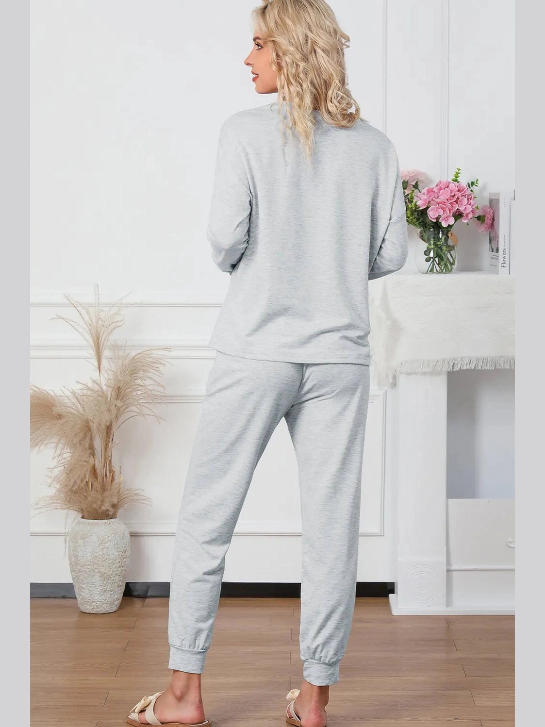 Round Neck Top and Drawstring Pants Lounge Set nicholesgifts