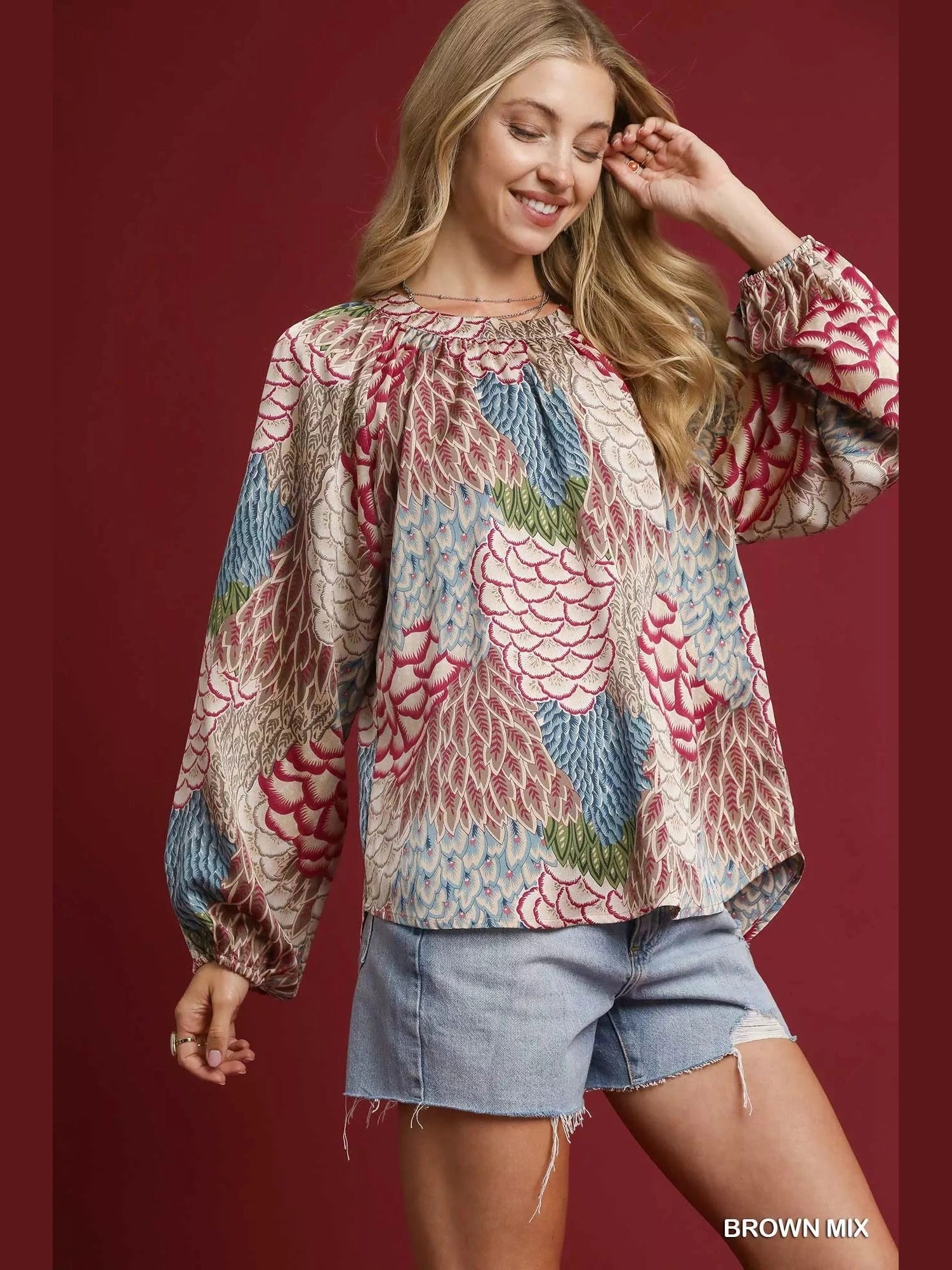 Umgee Boho Feather Print Peasant Blouse NicholesGifts