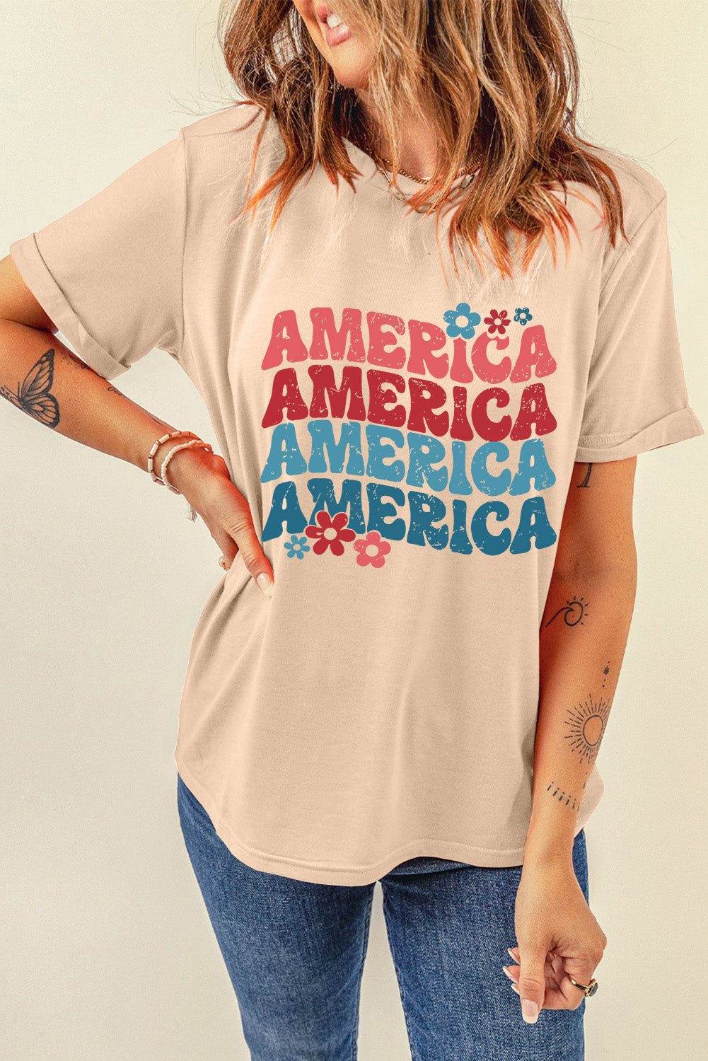 Women America Round Neck Short Sleeve T-Shirt nicholesgifts