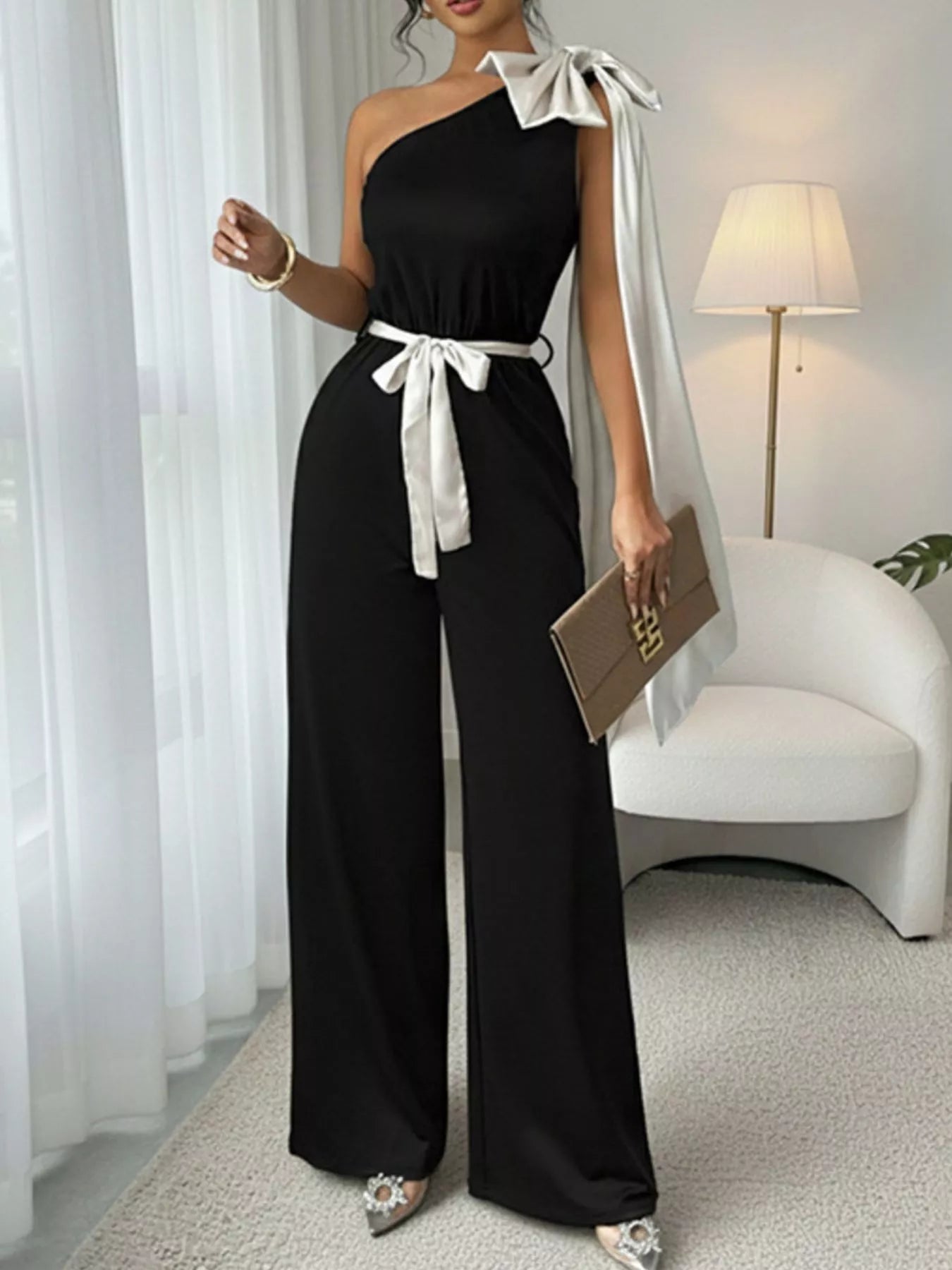One-Shoulder Bowknot Wide Leg Jumpsuit nicholesgifts