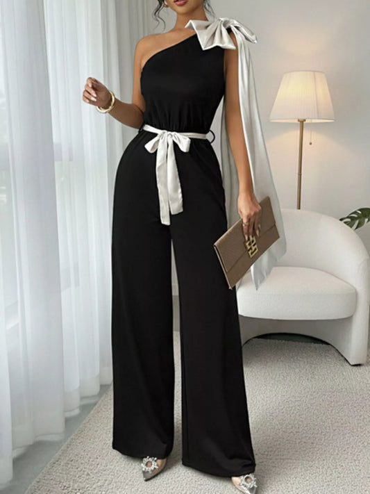 One-Shoulder Bowknot Wide Leg Jumpsuit nicholesgifts