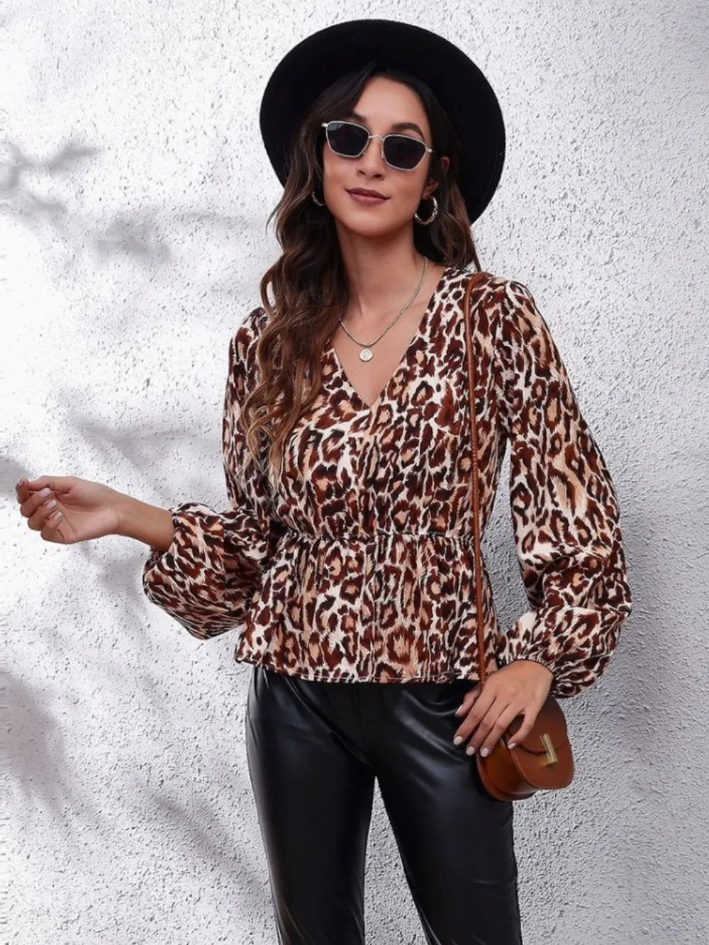 Ruched Printed V-Neck Long Sleeve Blouse nicholesgifts