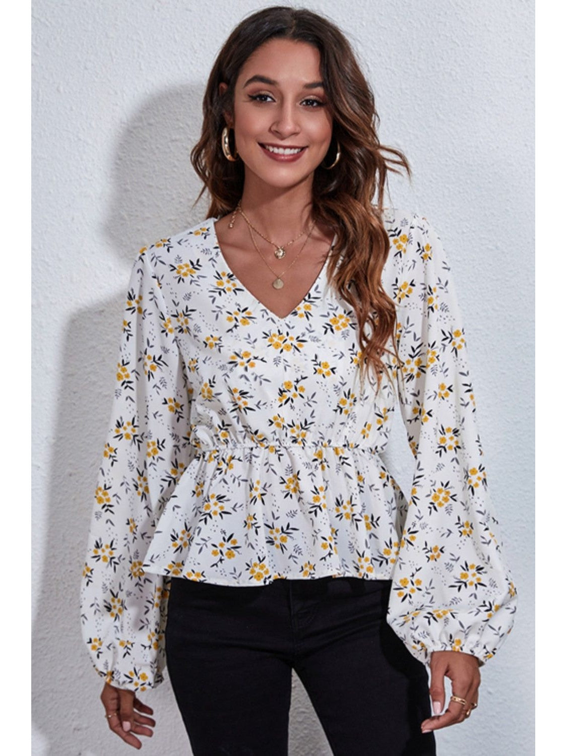 Women Floral V-Neck Balloon Sleeve Peplum Blouse nicholesgifts