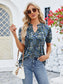 Women Ruched Printed Notched Short Sleeve Blouse nicholesgifts