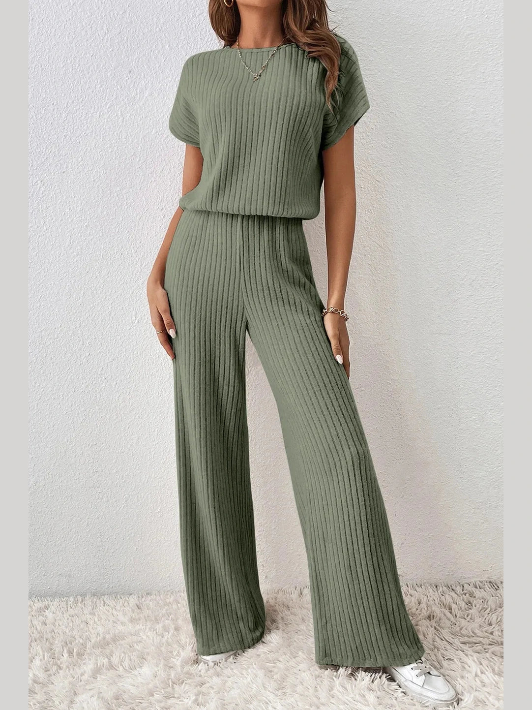 Ribbed Short Sleeve Wide Leg Jumpsuit nicholesgifts