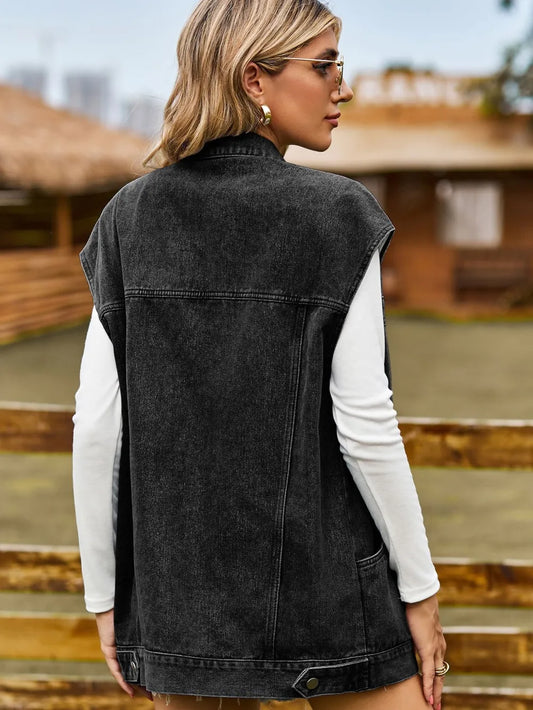 Button Up Collared Neck Sleeveless Denim Jacket nicholesgifts