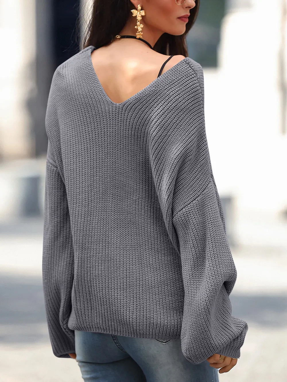 Full Size Lace Up V-Neck Long Sleeve Sweater Trendsi