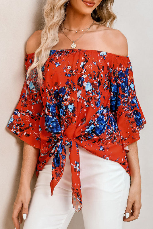 Tied Printed Off-Shoulder Half Sleeve Blouse nicholesgifts