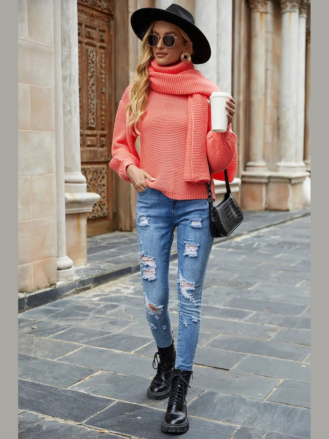 Round Neck Lantern Sleeve Sweater Trendsi