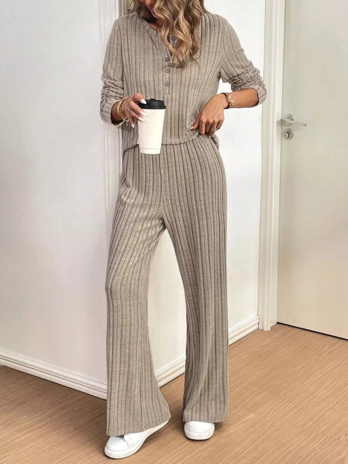 Button Detail Long Sleeve Top and Pants Set Trendsi