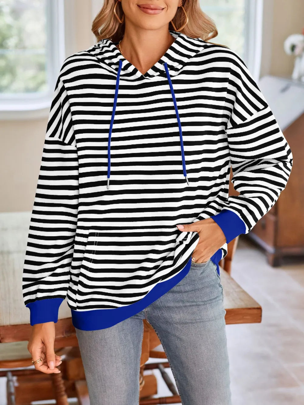 Lovelet Drawstring Striped Long Sleeve Hoodie Trendsi