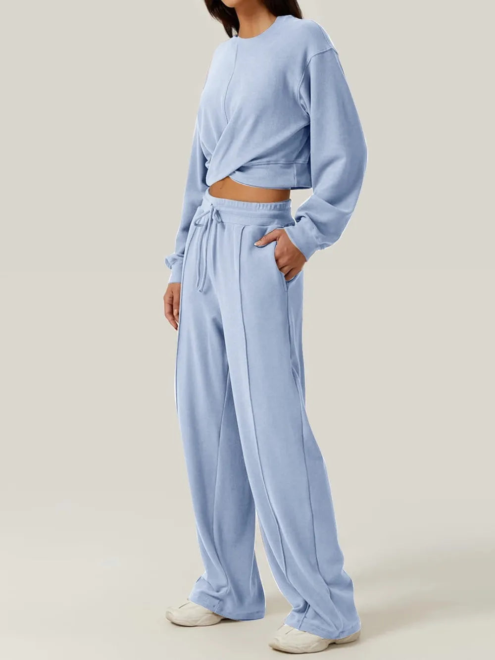 Crisscross Round Neck Top and Drawstring Pants Set nicholesgifts