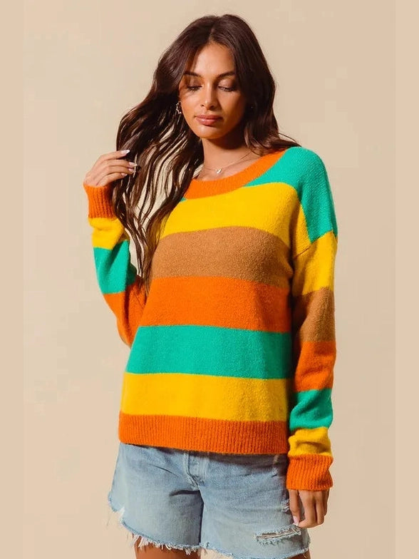 SO ME Multi Color Stripe Sweater with Ribbed Detail Trendsi