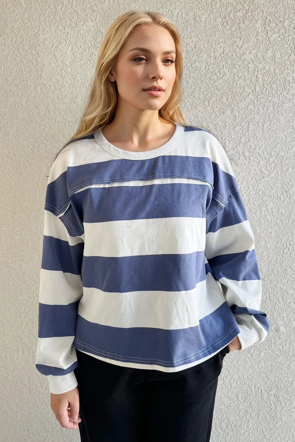 Oh Pima Cotton Wash Exposed Seam Contrast Striped Round Neck Long Sleeve T-Shirt Trendsi