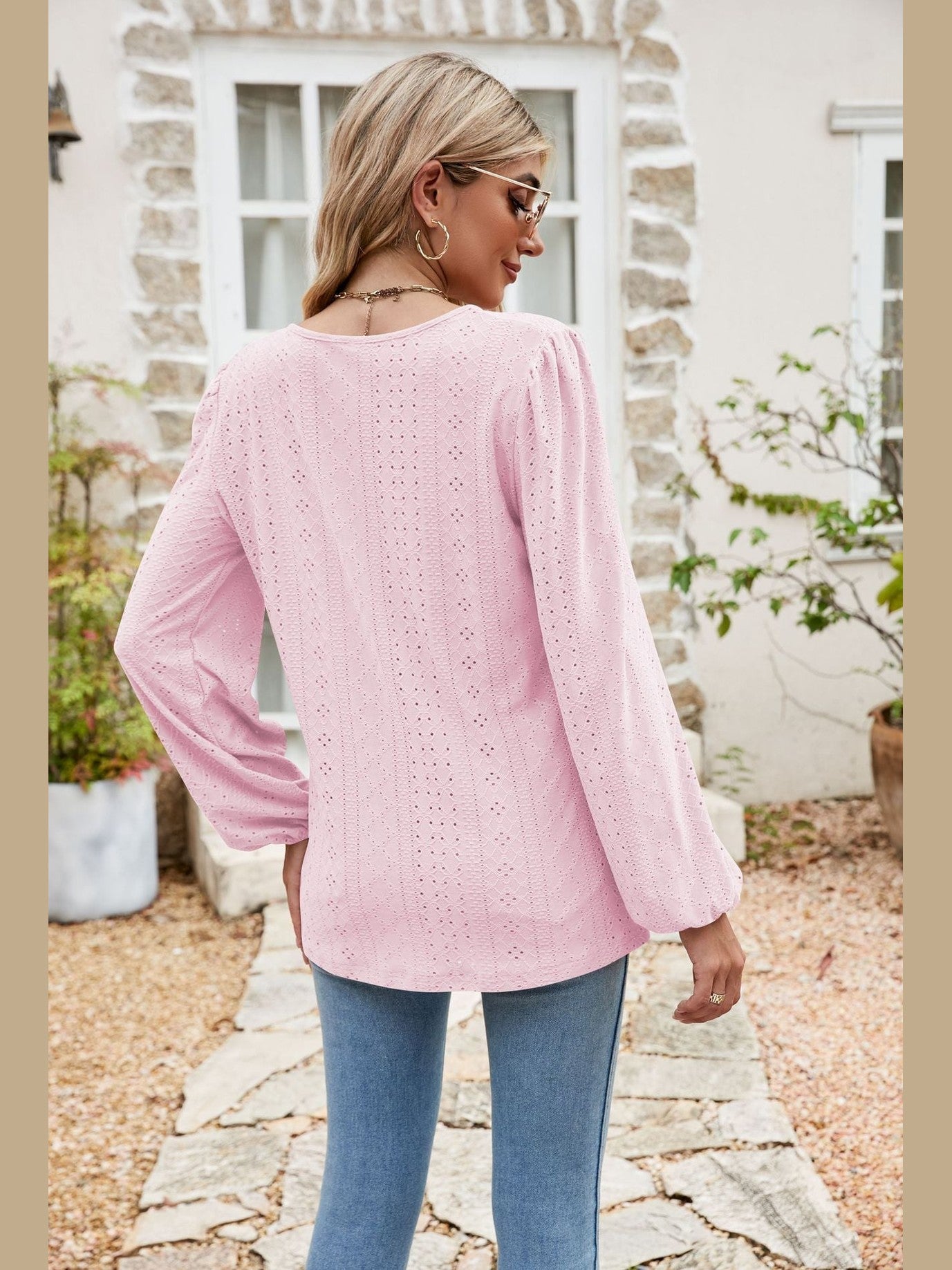 Eyelet Notched Neck Balloon Sleeve Blouse