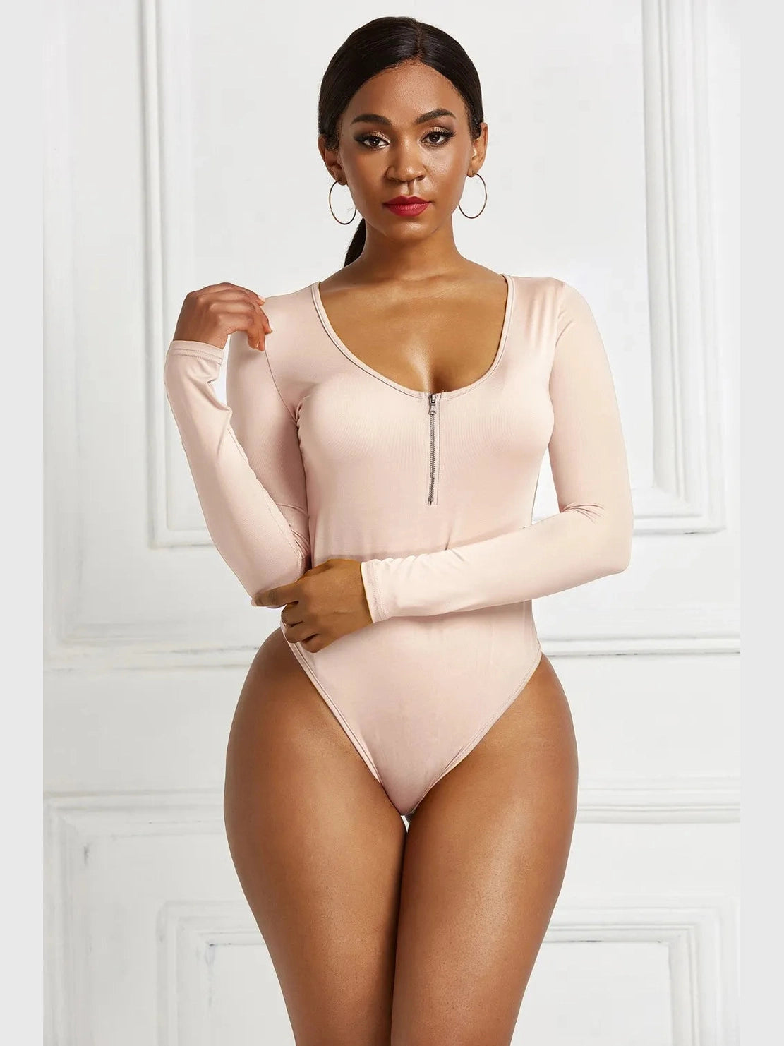 Half Zip Scoop Neck Long Sleeve Bodysuit nicholesgifts