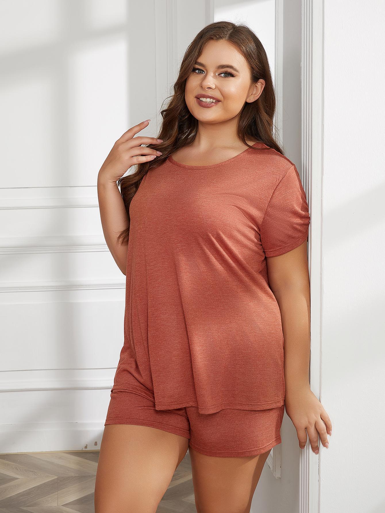Plus Size Round Neck Short Sleeve Two-Piece Loungewear Set nicholesgifts