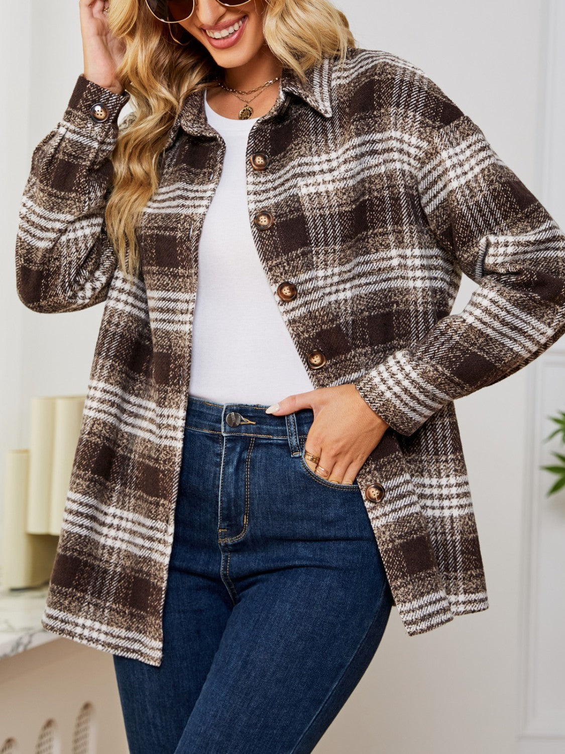 Plaid Collared Shirt Jacket nicholesgifts