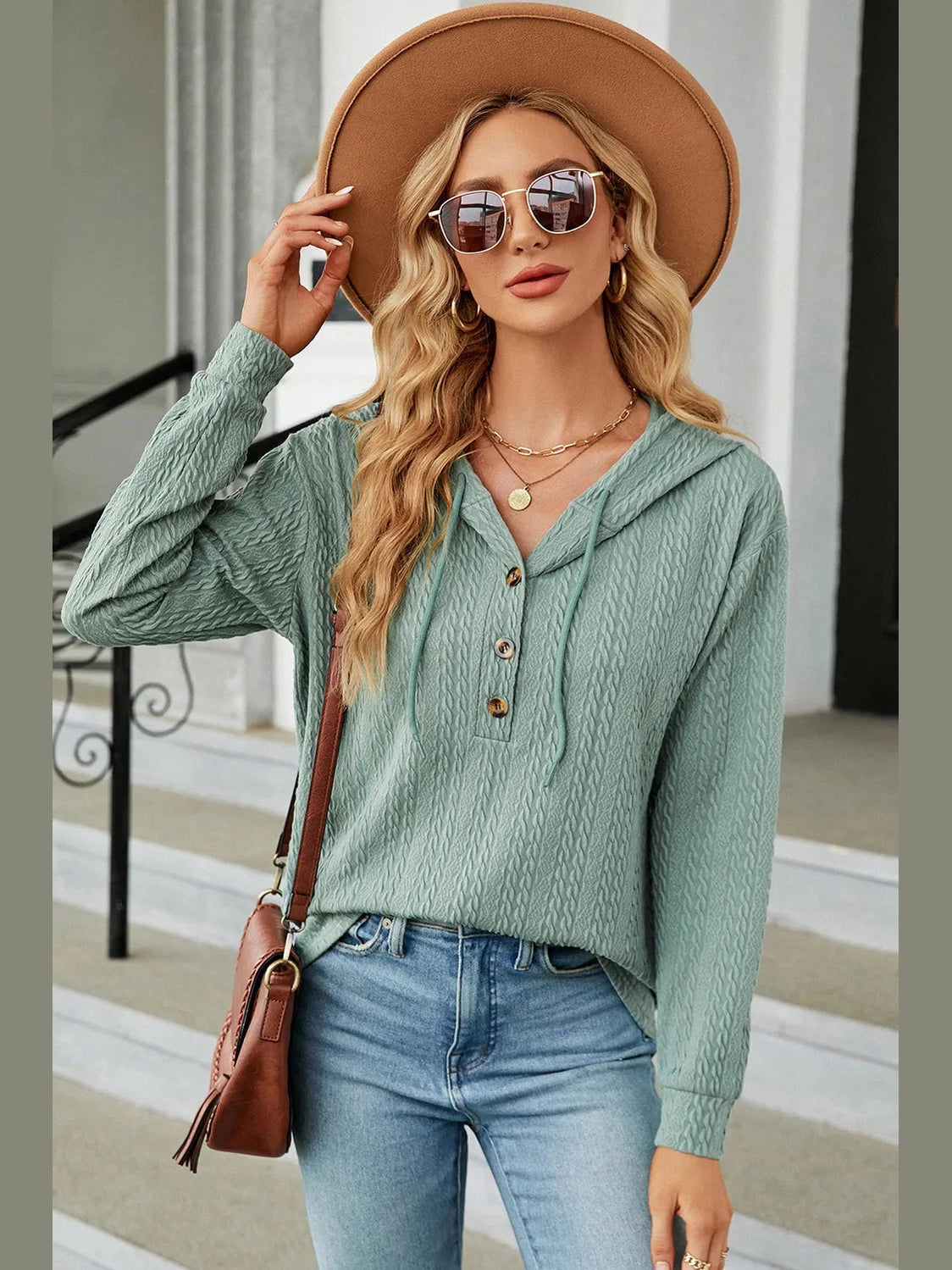 Drawstring Half Button Long Sleeve Hoodie nicholesgifts