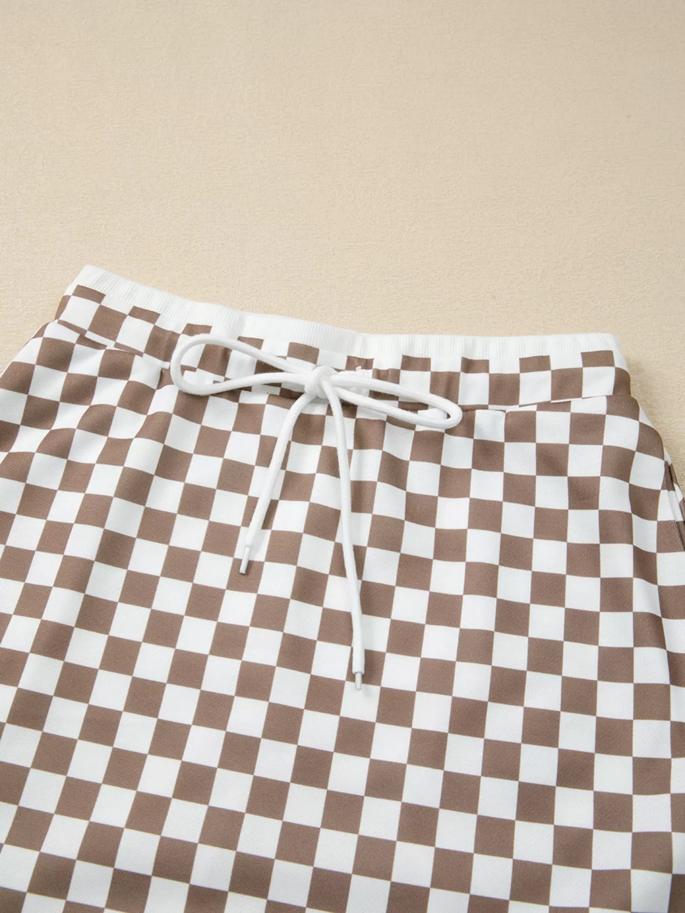 Checkered Print Polo Collar Cropped Long Sleeve Top and Drawstring Mini Skirt Set Trendsi