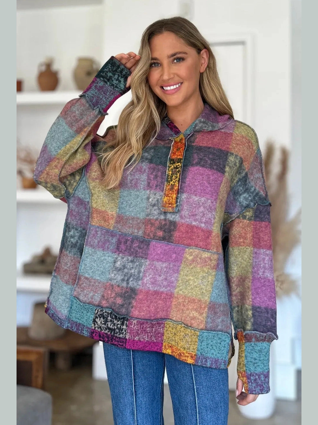 Double Take Full Size Plaid Dropped Shoulder Fleece Hoodie Trendsi